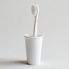 A white toothbrush stands upright inside a white ridged cup on a plain, light background.