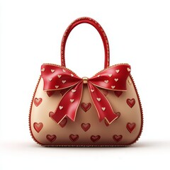 A stylish beige handbag adorned with red heart patterns and a large red bow, combining elegance with a playful, romantic design.