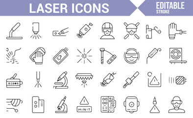 Collection of laser technology icons, including laser beams, safety symbols, and precision tools.