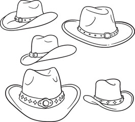 Charming collection of five distinct cowboy hats, rendered in clean, hand-drawn outline style. Perfect for themes related to the Wild West, country music, rodeo, adventure.