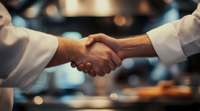 Two chefs shaking hands in an industrial restaurant kitchen, with cooking equipment and decor visible in the background. Professional, high-resolution, natural light, sharp focus.