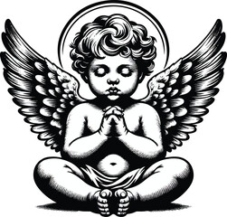 Illustration of an angel with wings praying in a seated position in black and white design style