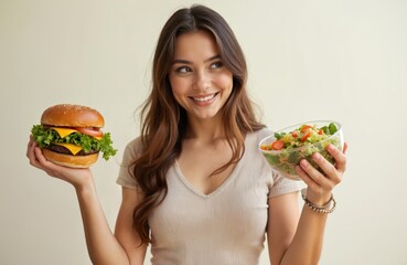 Young woman chooses healthy salad versus unhealthy burger. Female makes nutrition decision. Concept of healthy eating vs fast food. Nutrition choice between salad and burger. Diet decision lifestyle.