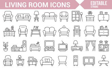 Interior design icons collection for living rooms, featuring furniture, plants, and entertainment devices.