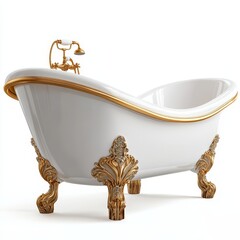 A luxurious white clawfoot bathtub with ornate golden feet and trim, featuring a vintage-style faucet and hand shower.