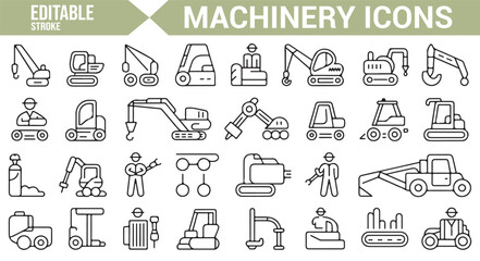 Set of construction machinery icons, featuring excavators, cranes, and heavy equipment for industrial design.