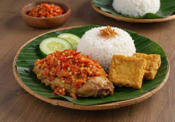 Spicy Ayam Geprek with Sambal on Banana Leaf Plate