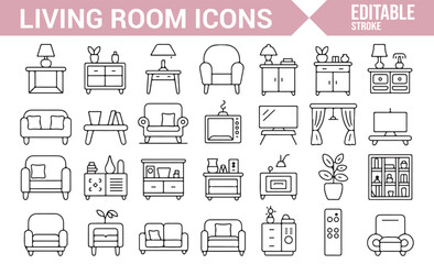 Vector icons of living room furniture such as sofas, chairs, and TVs for home decor designs.