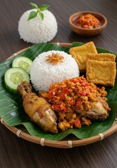 Spicy Ayam Geprek with Sambal on Banana Leaf Plate