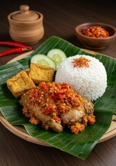 Spicy Ayam Geprek with Sambal on Banana Leaf Plate