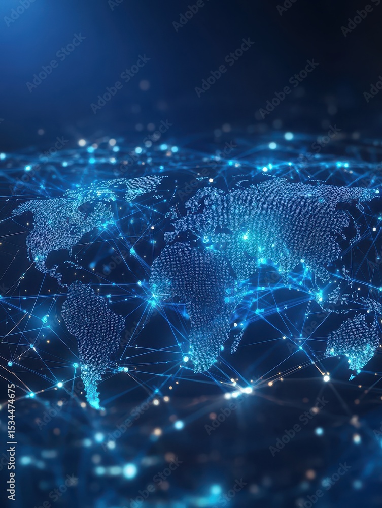 Poster blue digital world map with glowing network lines and data points, ideal for global communication an