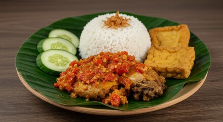 Spicy Ayam Geprek with Sambal on Banana Leaf Plate