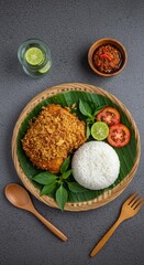 Crispy Ayam Kremes with Rice and Sambal Presentation