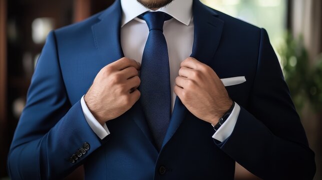 Man adjusts his navy blue suit and tie