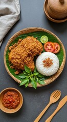 Crispy Ayam Kremes with Rice and Sambal Presentation
