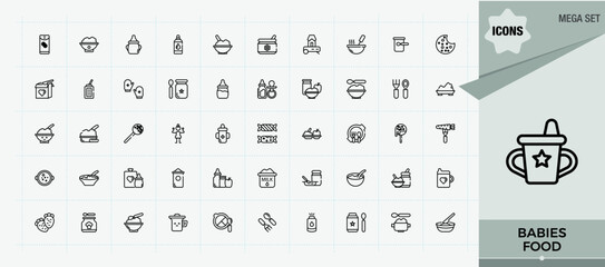 Babies Food line icon set. Minimal thin line web icons set. Featuring milk, babies product, feed, feeding, cereal, nourishment. Editable vector art and illustration. Babies Product modern icon set.