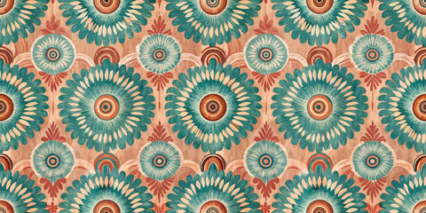 Fototapeta premium Vibrant floral pattern showcasing intricate designs in turquoise and coral hues.