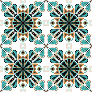 Boho Mandala Pattern with Ethnic Floral Motif in Blue and Brown Colors