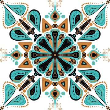 Boho Mandala Pattern with Ethnic Floral Motif in Blue and Brown Colors