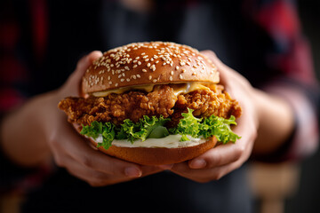 Juicy fried chicken burger held by hands in a cozy setting