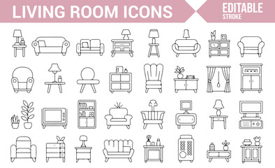 Set of living room icons depicting sofas, lamps, chairs, and home decor items for interior design projects.