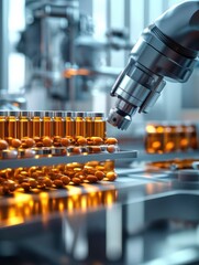 Factory production medicine bottle hygiene concept. A robotic arm fills amber vials with pills on a production line, showcasing automation in pharmaceutical manufacturing.