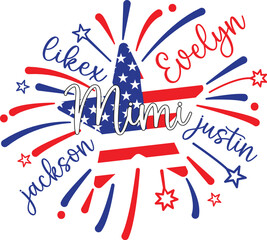 Patriotic 4th of July Family Starburst Design Featuring Names Likex, Mimi, Evelyn, Jackson, and Justin