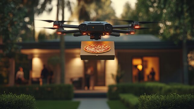 A drone delivering a pizza in a serene backyard setting during sunset.