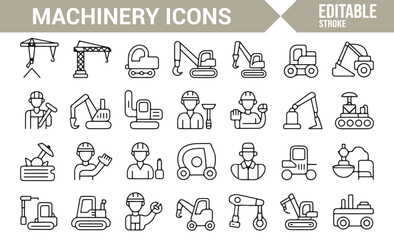 Collection of heavy equipment icons representing construction vehicles and workers for industry and engineering designs.

