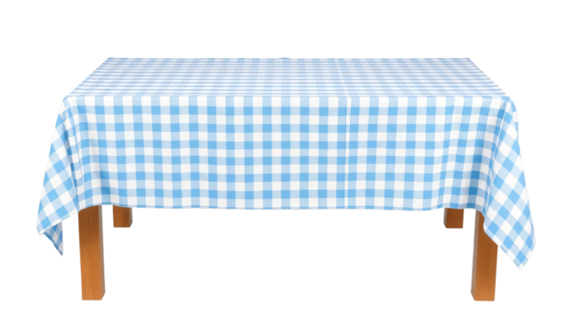 Empty wooden table with blue gingham tablecloth isolated on transparent background