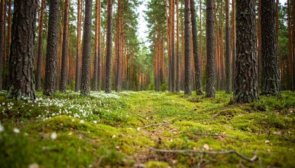 A tranquil forest path lined with tall tree trunks and white flowers, offering a peaceful nature escape. Ideal for outdoor, landscape, and wilderness stock photography