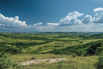 A panoramic view of wind turbines against the backdrop of a blue sky and green landscape, symbolizing renewable energy in a sustainable development concept. Photorealistic, cinematic