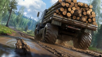 Powerful truck hauling logs through a muddy forest trail in bright daylight.