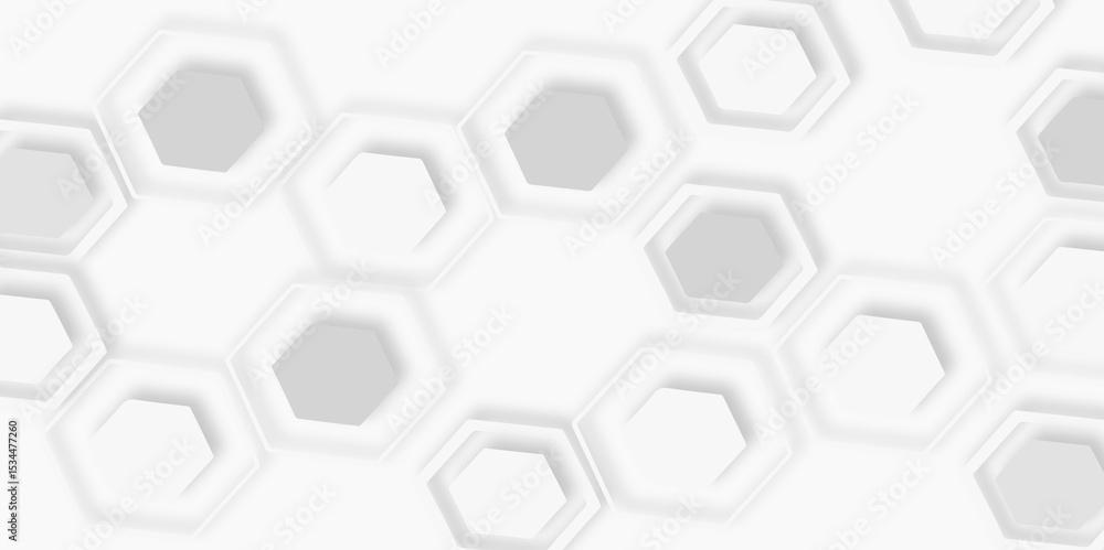 Poster pattern of multiple overlapping hexagonal shapes and soft shadows white background.
