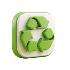 3D icon of a green and white recycling symbol on a plain background, png, transparent