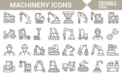 Machinery and construction vehicle icons representing industrial equipment and labor tools for engineering projects.