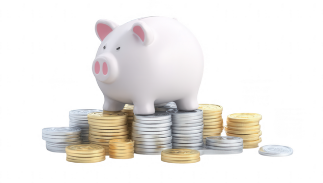 3D piggy bank with a stack of coins isolated on a white background, png, transparent