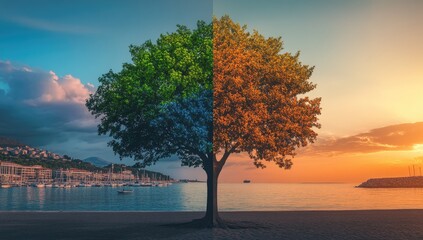Divided tree by the waterfront with sunrise and sunset