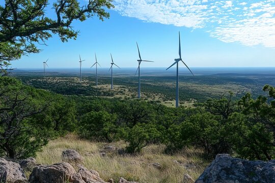 A panoramic view of wind turbines against the backdrop of an open sky, symbolizing green energy and renewable power generation in rural areas. The scene is set during sunrise with warm