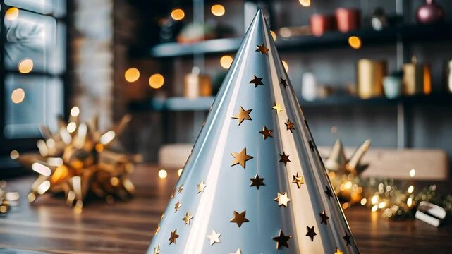 A silver party hat with golden stars sits on a wooden table. The background features warm lights and decorative elements, creating a festive atmosphere.