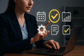 Business screen interface displaying floating icons for productivity and tracking