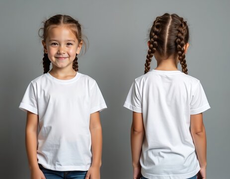 Front and back views of smiling little girl wearing white blank t-shirt. Child posing, wearing casual clothing in studio. Perfect for product presentations, apparel branding, kids fashion.