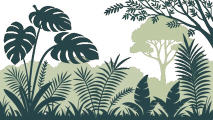 Tropical exotic summer set of leaves, flowers, and plants. Abstract silhouettes
