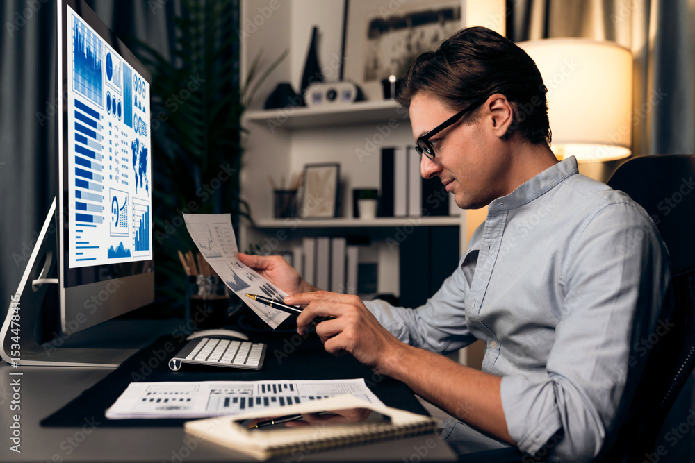 Aufkleber thinking smart businessman holding paperwork report paragraph dynamic database with pen for analyzin