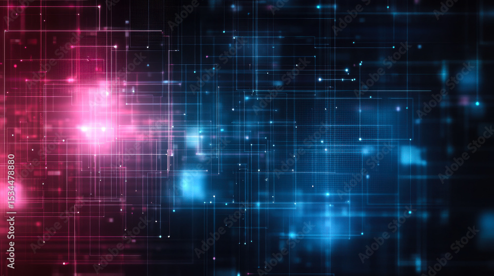 Poster vibrant digital abstract design with blue and red elements in a futuristic grid pattern
