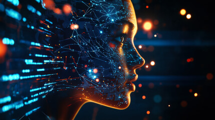Digital landscape overlays on a young woman's face in a futuristic setting with glowing data connections