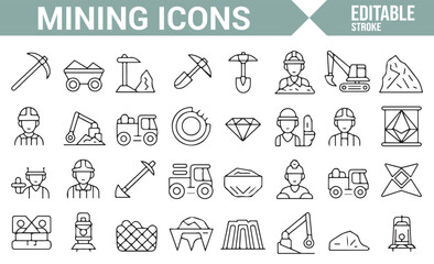 Set of mining-related icons depicting tools, equipment, and workers in the mining and excavation industry.