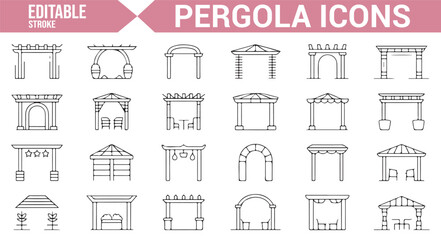 Collection of pergola and garden structure icons for outdoor living and architecture designs.

