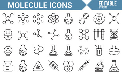 Set of molecule icons representing chemical structures, atoms, flasks, and scientific research tools.