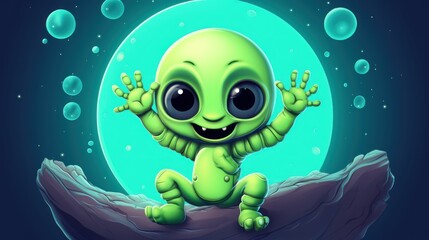 Obraz premium Cute cartoon green alien in the deep space. 2d illustration. UFO. Humanoid. Alien. Sci Fi Concept With Copy Space.